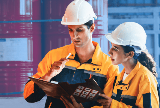 Two employees in yellow coveralls and hard hats are looking over a safety data sheet in a binder