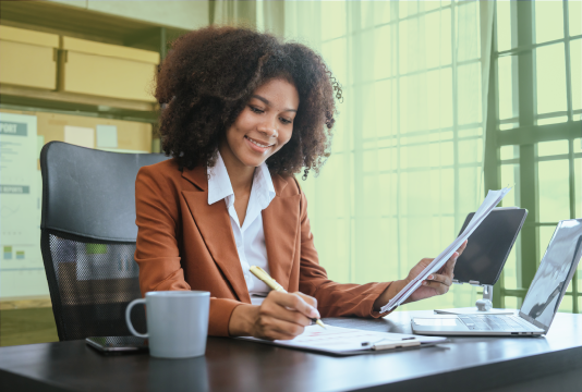 Organized woman reading a report