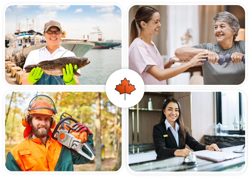 Four images depicting smiling employee working in fisheries, forestry, nursing home, and hospitality. Icon of a maple leaf.