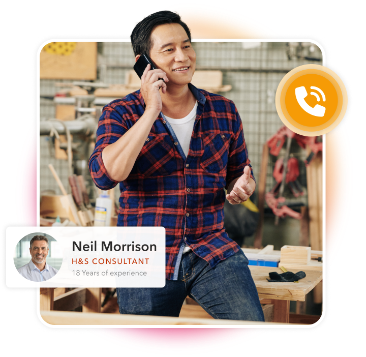 Male carpenter on the phone. Phone ringing icon. Employee card of a health and safety consultant.