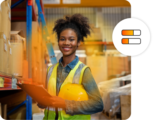 Woman in safety vest smiling while holding a clipboard in a warehouse. Decorative risk assessment icon.