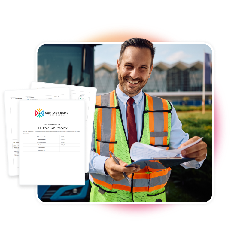 Smiling bus driver looking at clipboard, reviewing risk assessment.