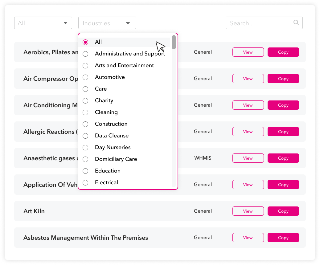 View of risk assessment library screen.