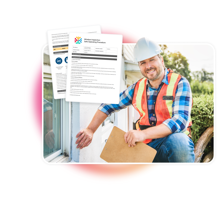 Picture of a man, smiling, holding a clipboard while inspecting a window. Mockup of a window inspection file.