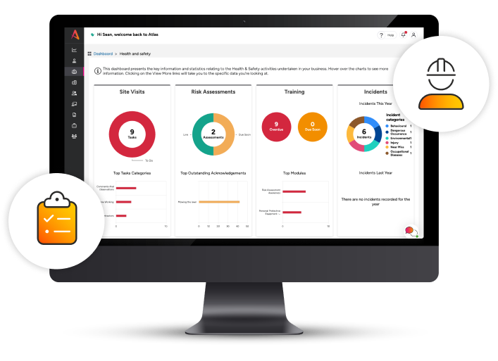 Monitor showing Atlas Safety dashboard. Icon of a user in a hard hat and an icon of a checklist.