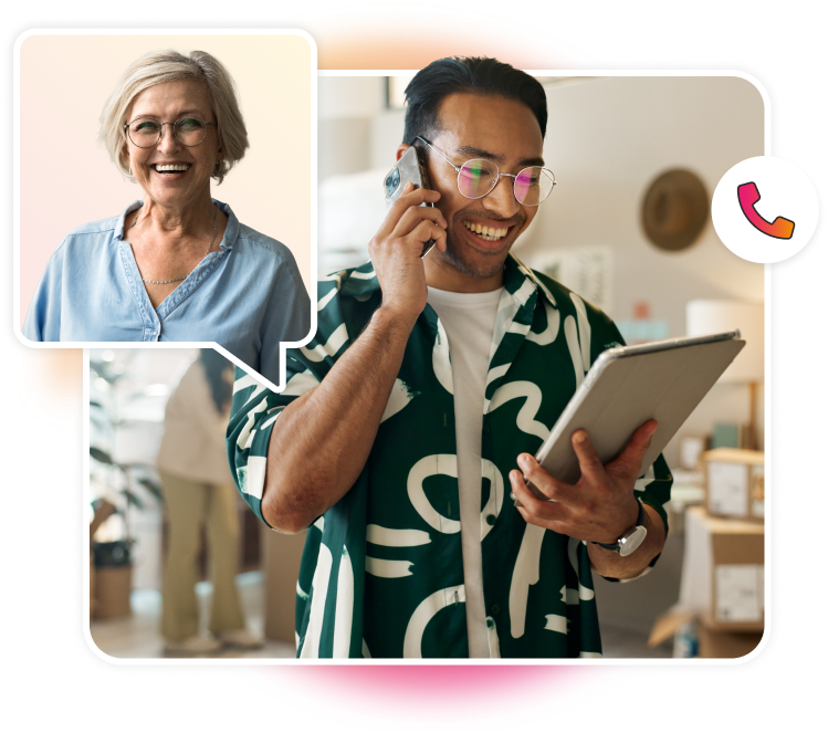 Retail employee talking on the phone. Mature woman smiling in speech bubble cut out.