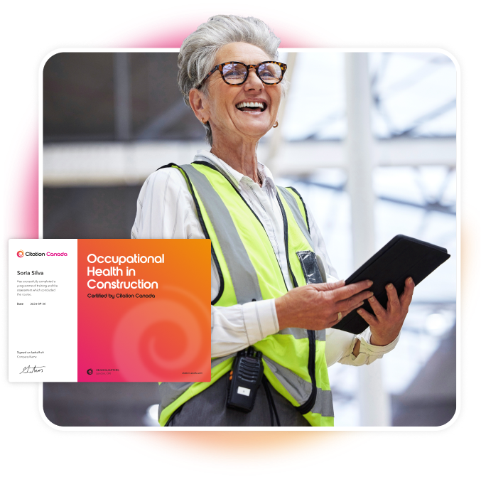 Smiling woman wearing a high vis vest and radio, holding a tablet. Picture of training certificate.