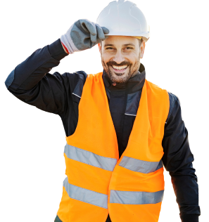 Man in construction uniform smiling at camera.