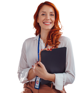 Woman smiling, wearing business casual, holding a tablet.