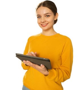 Woman smiling, wearing business casual, holding a tablet.