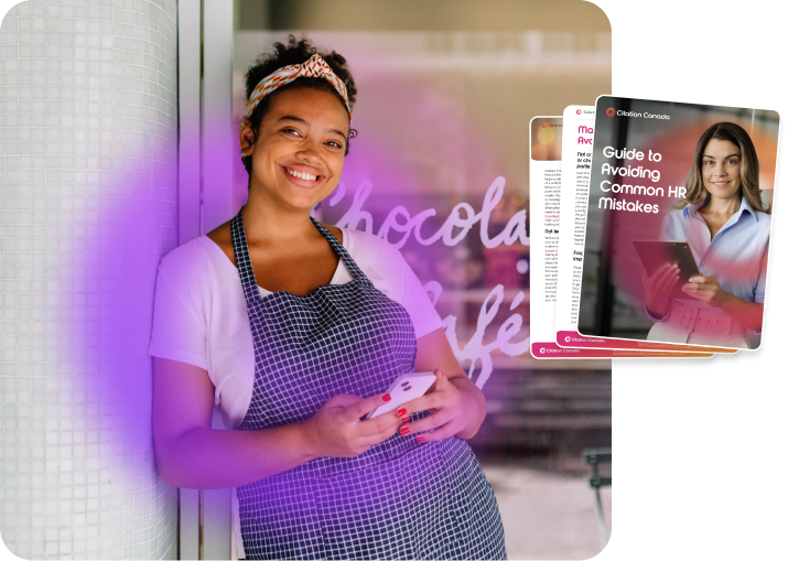 Woman smiling in an apron out front of a cafe. Mockup of a HR guide.