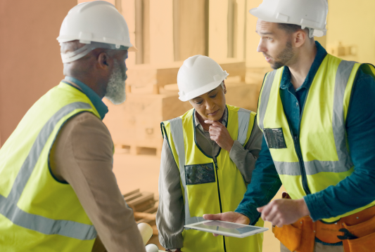 Three construction employees are discussing health and safety in a training class